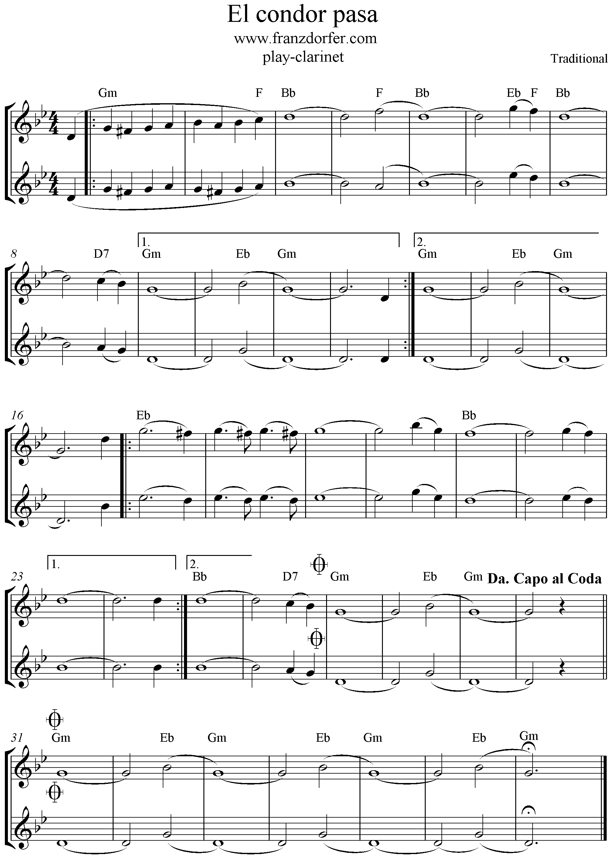 El Condor pasa, 2stimmig, g-moll, Clarinet